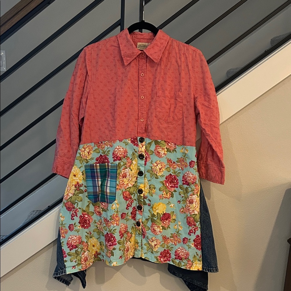 Uniquly repurposed Floral Patchwork Button-Up Shirt